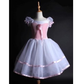 White and light pink patchwork short sleeves girls princess competition performance velvet leotard tutu skirt long length ballet dance dresses